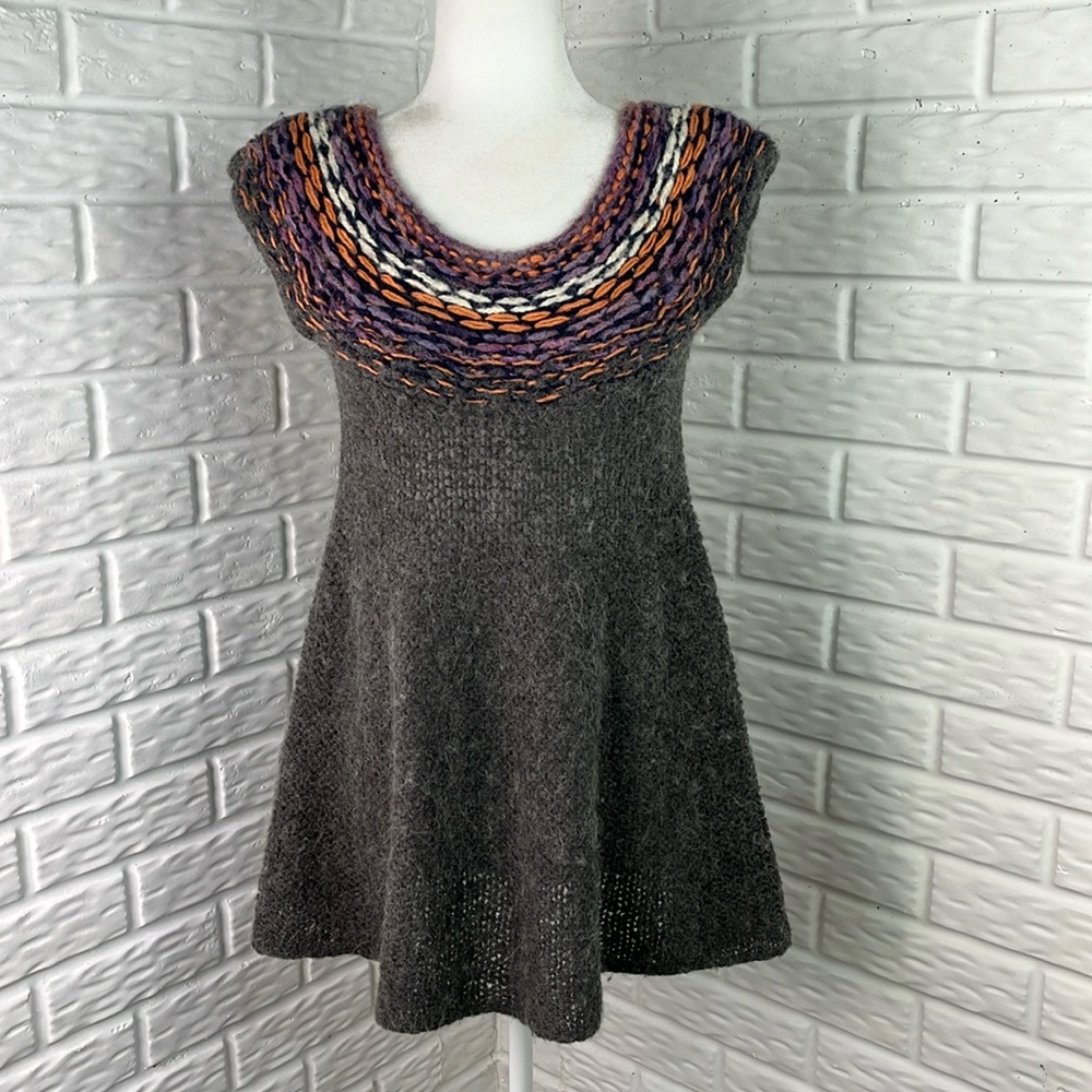 FREE PEOPLE ALPACA WOOL BLEND KNIT TUNIC DRESS GRAY PURPLE SCOOP NECK SIZE SMALL